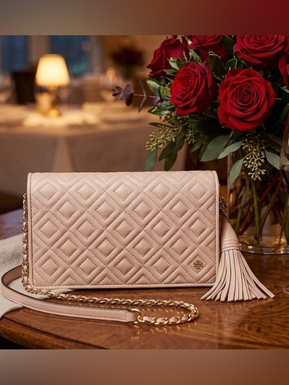 Tory Burch Shell Pink Fleming Flat Wallet Crossbody Quilted Leather Chain Bag